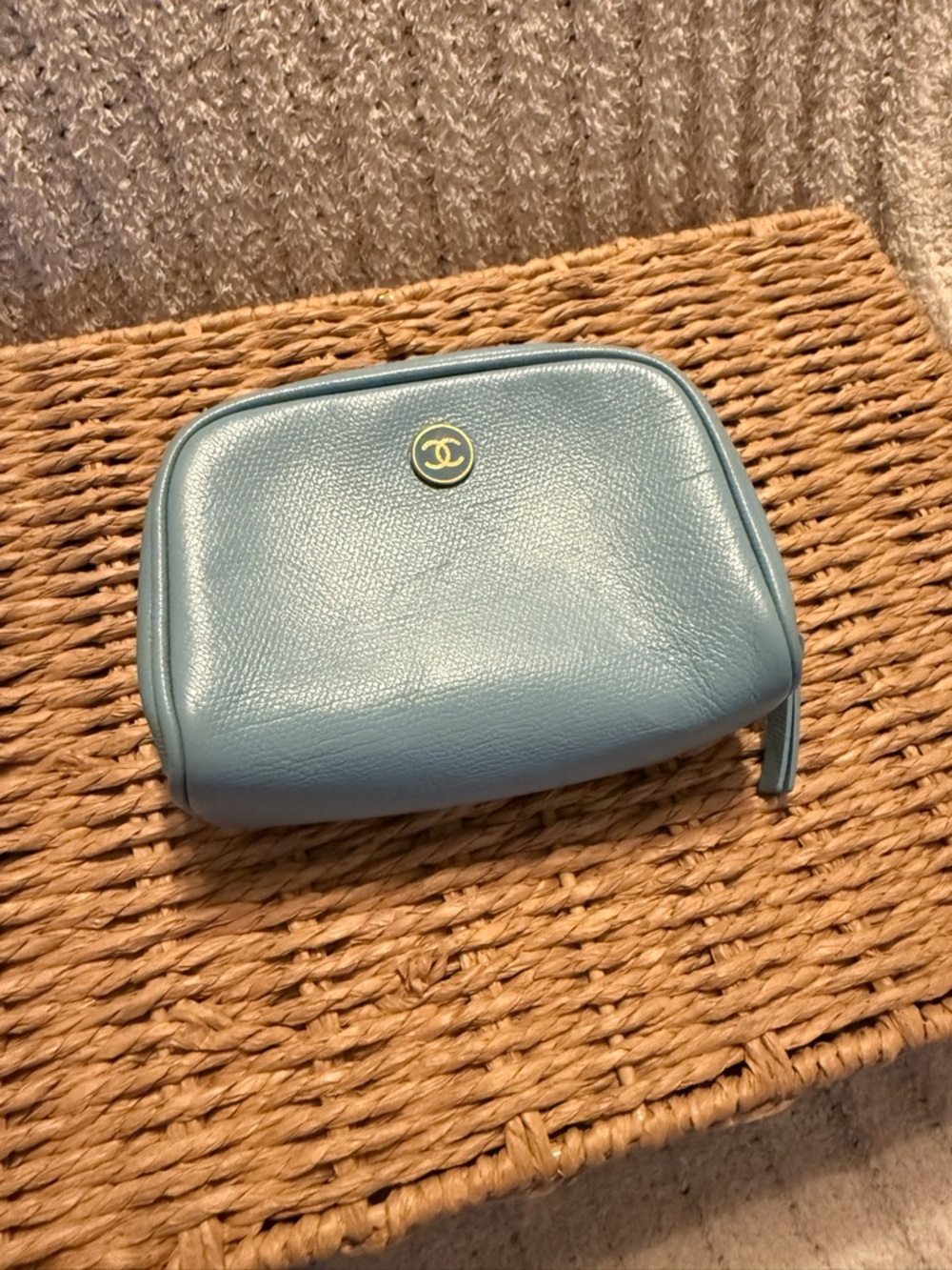 CHANEL Light Blue Leather Zip Cosmetic Case with Gold Hardware